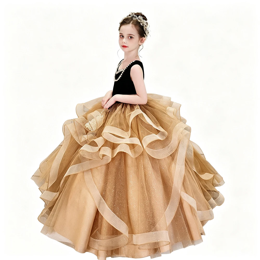 Luxury Girls Sleeveless Catwalk Pageant And Evening Dress Velvet Top Sparkly Ruffle Tulle Princess Birthday Party Gown For Kids