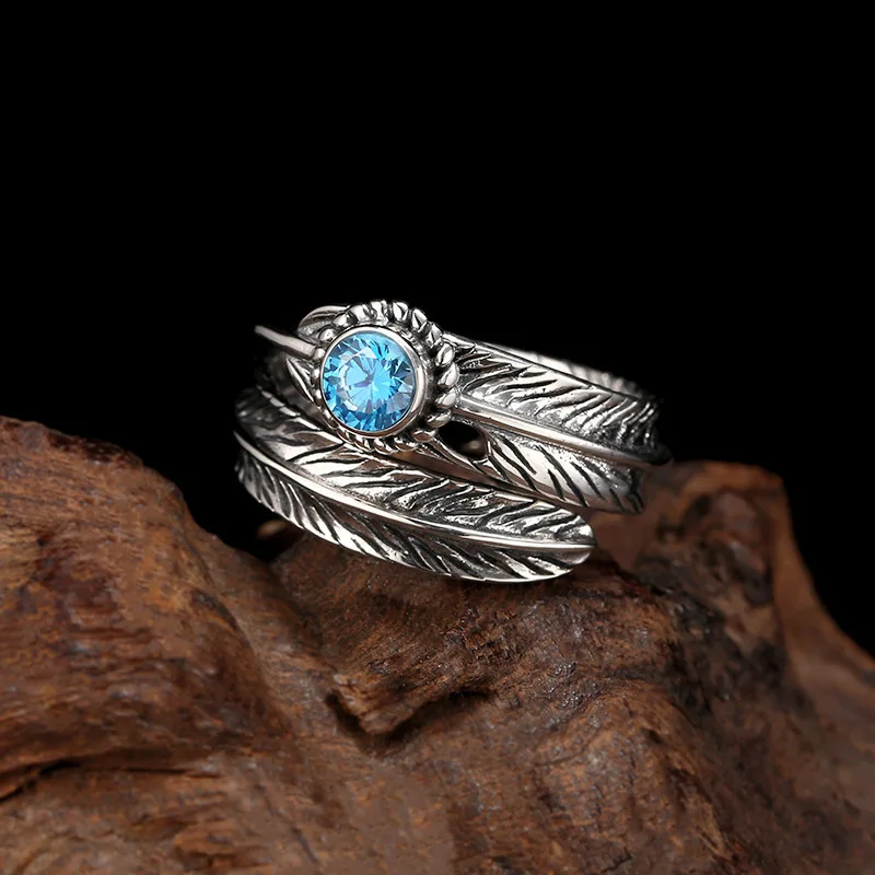 Wholesale S925 pure silver rings for men and women, feather inlaid with zircon, fashionable retro Thai silver rings, index finge