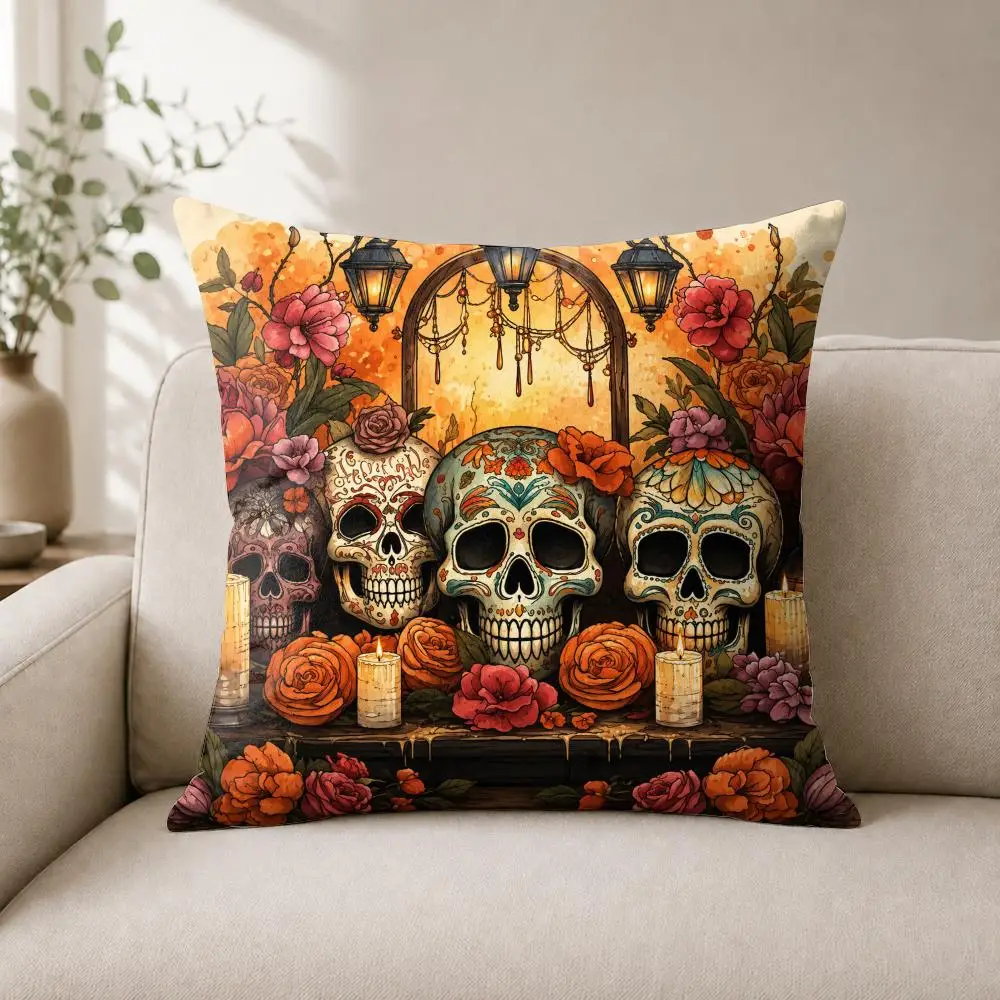 Midnight Calavera Altar Cushion Cover Luxury Soft Plush Short Fur Cushion Case Warm Cozy Sofa Bed Decorative Home Accent