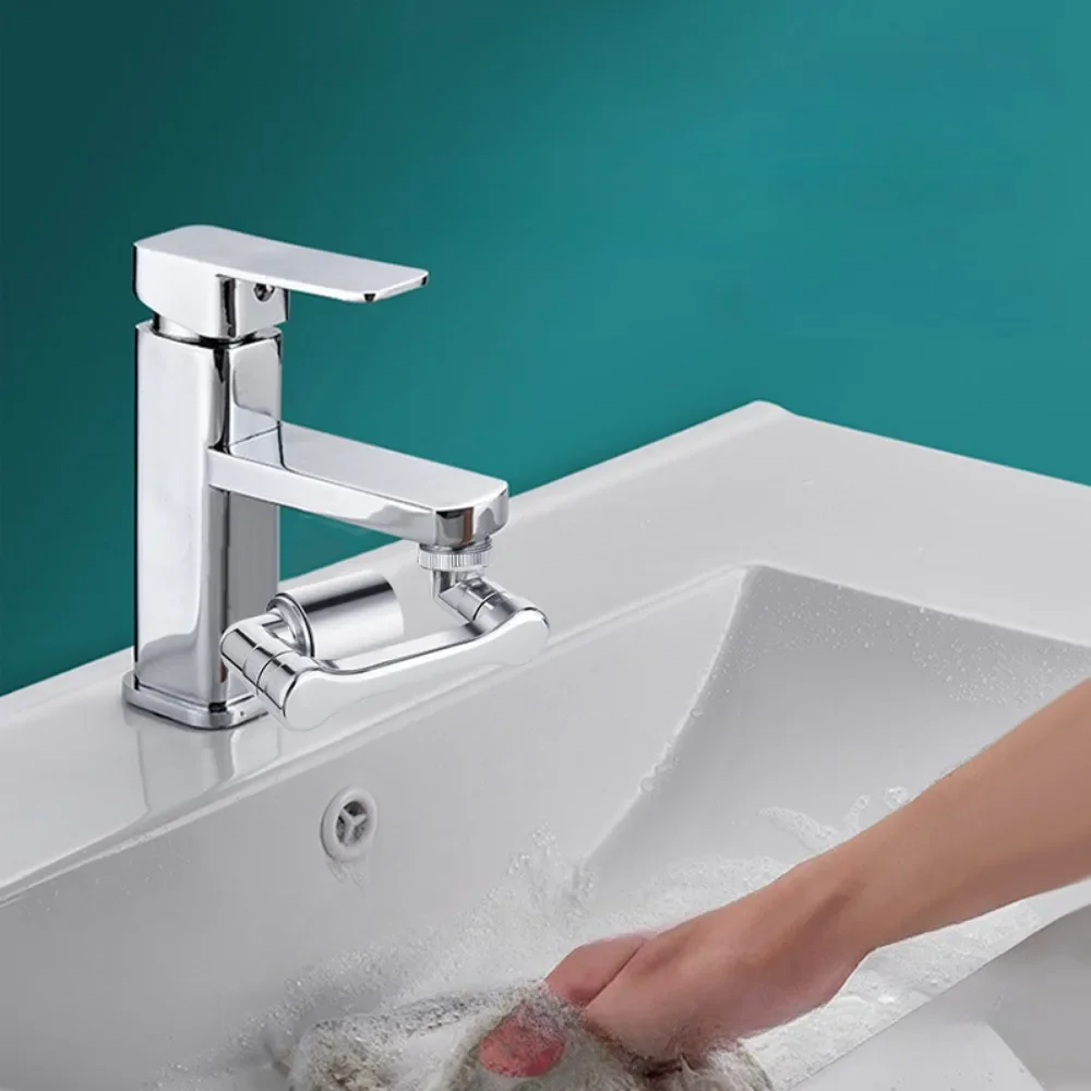 Mechanical arm universal faucet with rotatable water outlet aerator and extended water nozzle joint for splash prevention