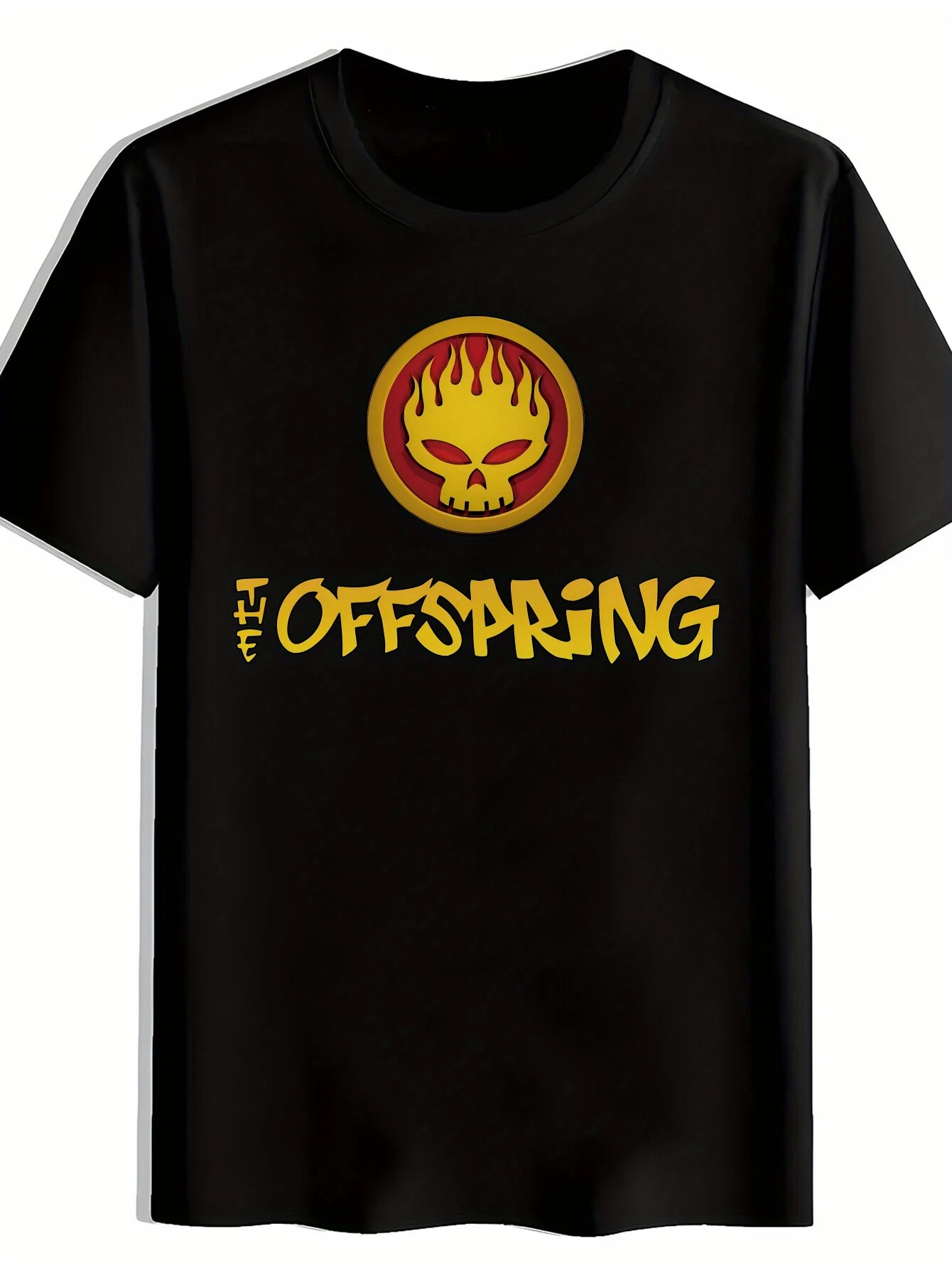 Men's Black Skull and Red Flame Graphic T-shirt Featuring The Offspring Band Logo in Bold Lettering Short-sleeve Crewneck Tee