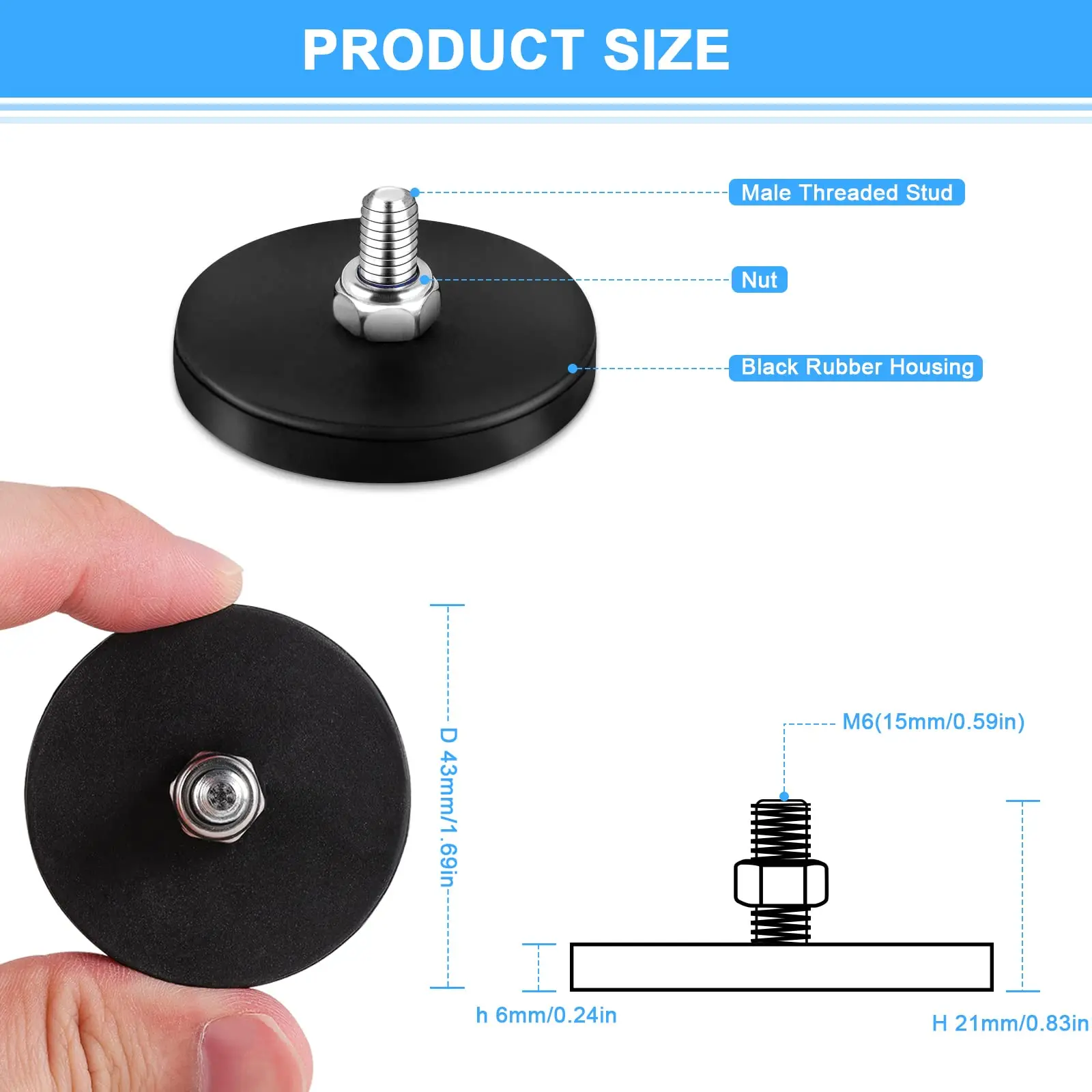 C43 Neodymium Magnet Rubber Coated Mounting Magnets Black Stud Magnet Painted Surface with Bolts Nuts for Lighting Camera Tools