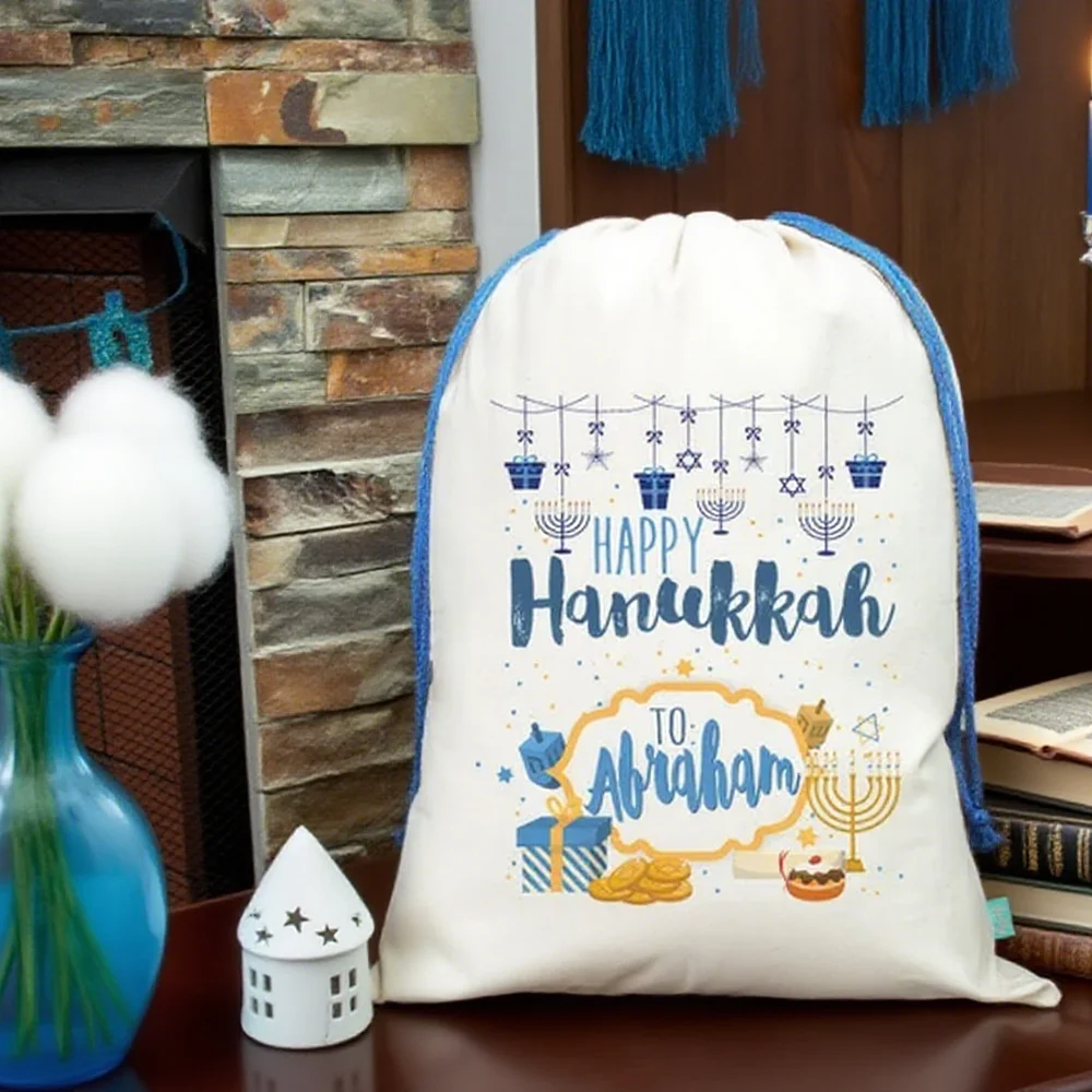 

Custom 1Pcs Happy Hanukkah Large Drawstring Gift Bag with Children's Name Jewish Holiday Cute Snack Bag for Kid Fun Decoration