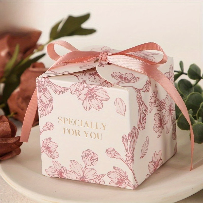 30/40/50pcs Floral Candy Gift Boxes with Ribbon Elegant Pastel Pink White Flowers Paper Gift Boxes for Wedding Birthdays Parties image 3