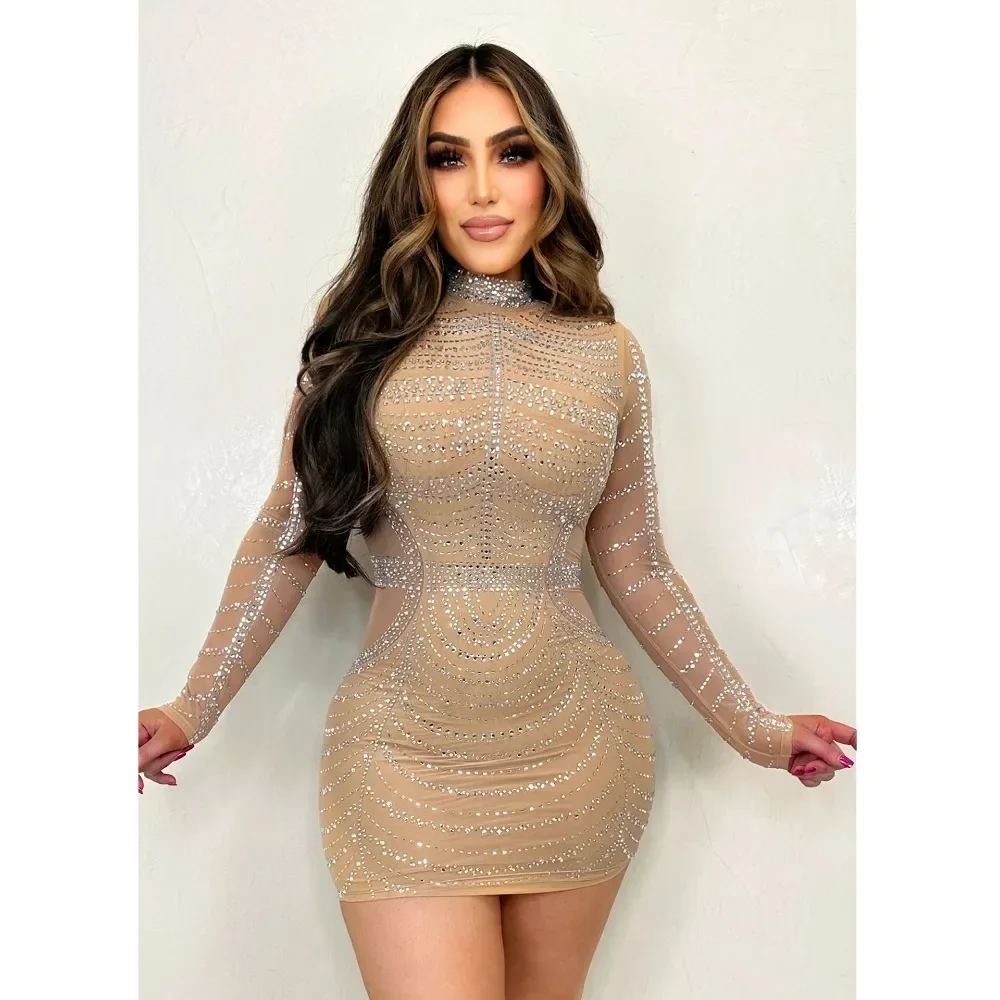 2023 Famous Elegant Design Dress Solid Transparent Diamond O-neck Sexy Mini Dress Evening Dress Bodycon Vestidos