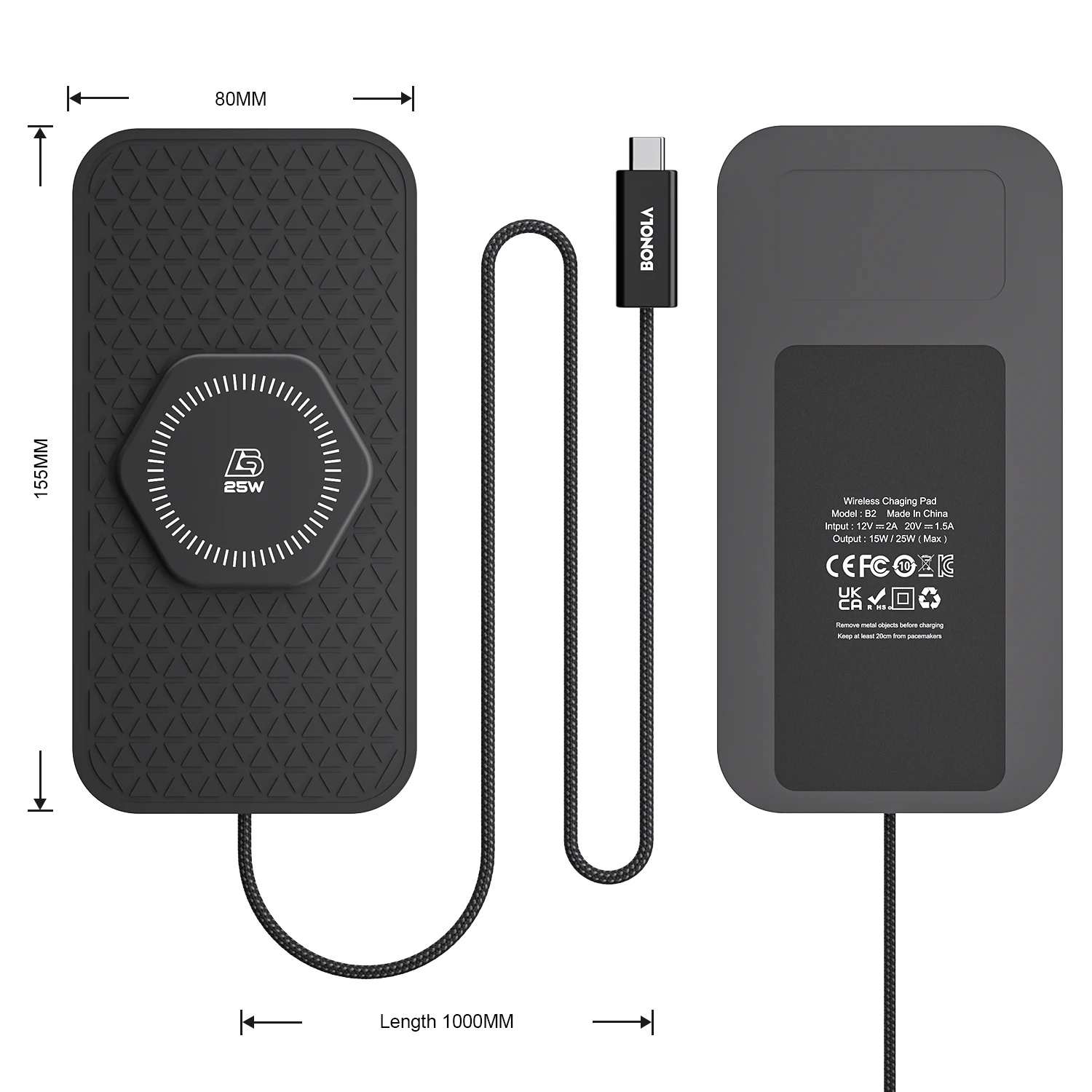 Bonola 25W Kabellose Ladestation für iPhone 17 Pro Max mit Anti-Rutsch-Matte, schnelles kabelloses Laden, Typ-C-Kabel für Samsung S26 – Detail 10
