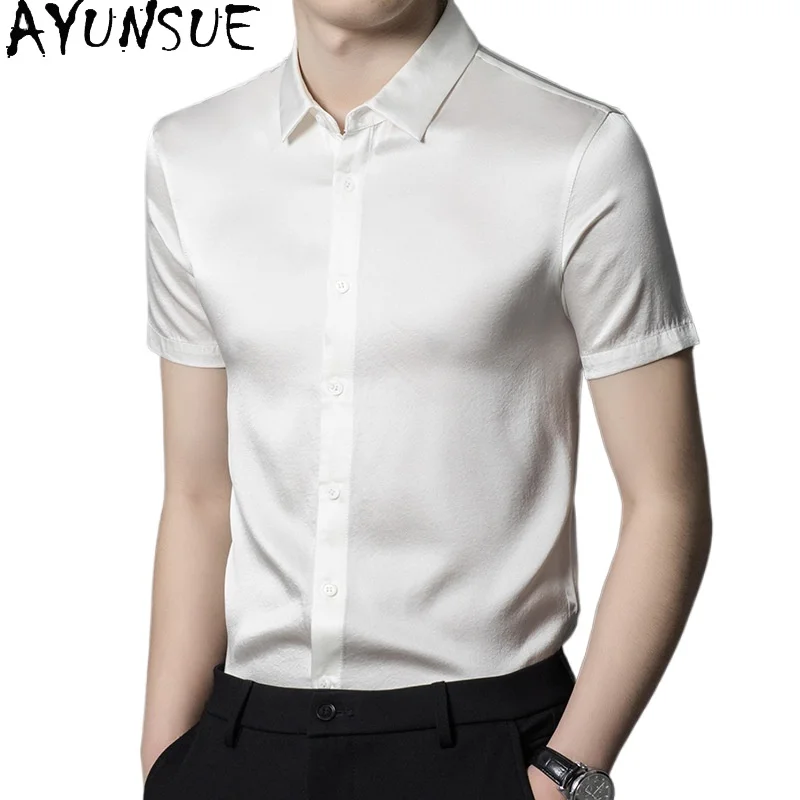 

AYUNSUE 92.4% Mulberry Silk 7.6% Spandex Shirt Men Clothing Short Sleeve Satin Tops 2026 Summer Solid Fashion Shirts Man Shirt