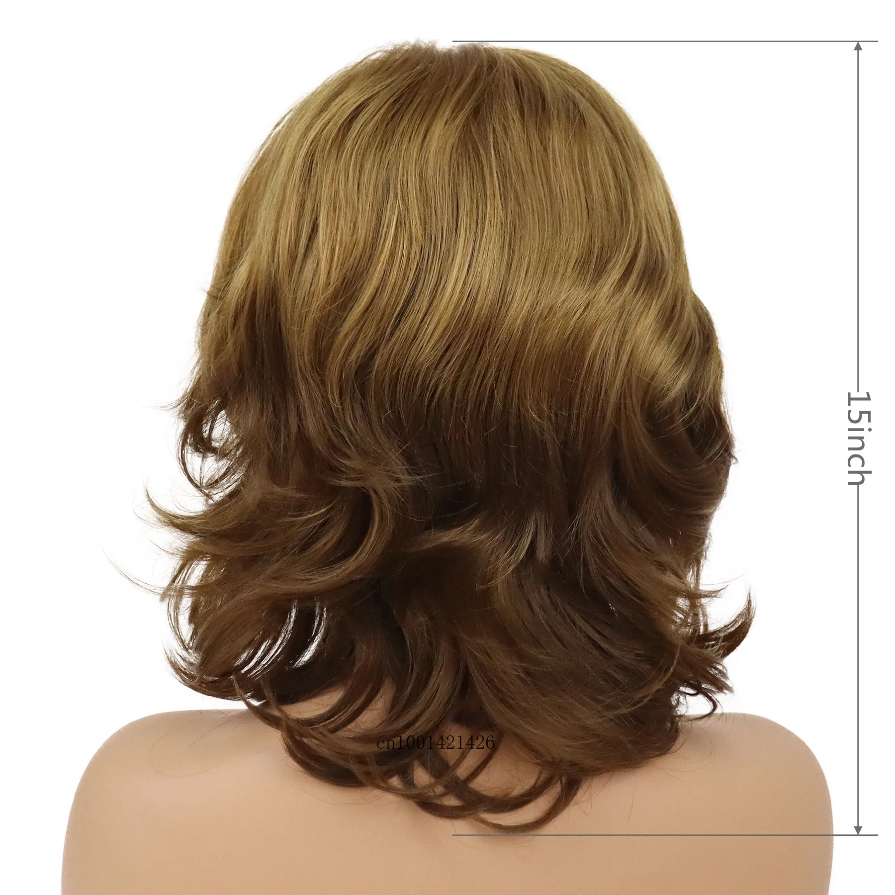 Synthetic Ombre Brown Blonde Wig with Bang Medium Length Shoulder Wigs Women Curly Wavy Hairstyles Daily Hair Replacement Wigs