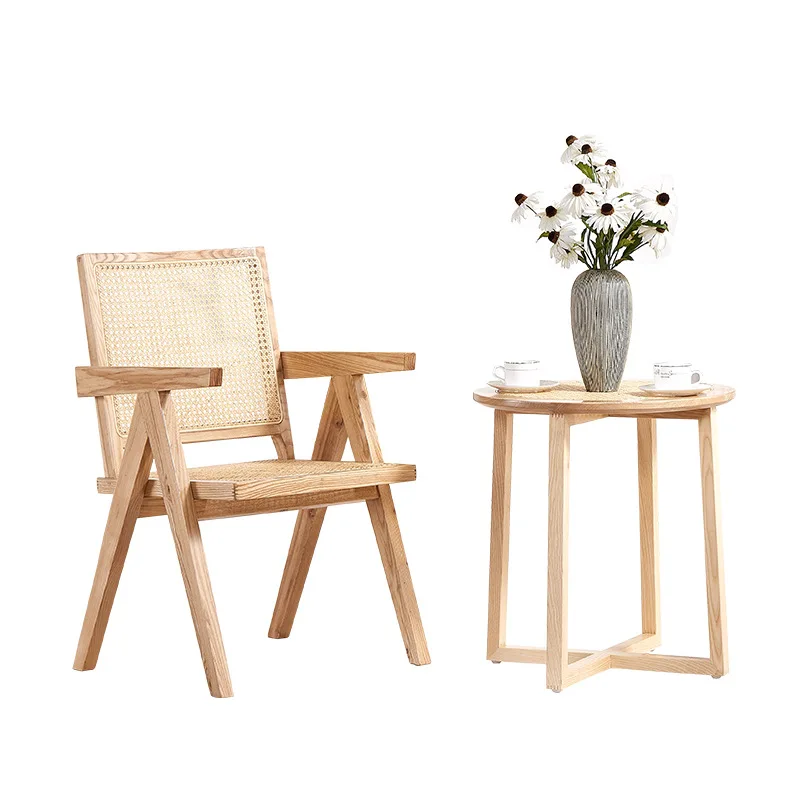 

Nordic rattan dining chair, solid wood medieval backrest armrest, hotel B & B dining table and chairs Teng