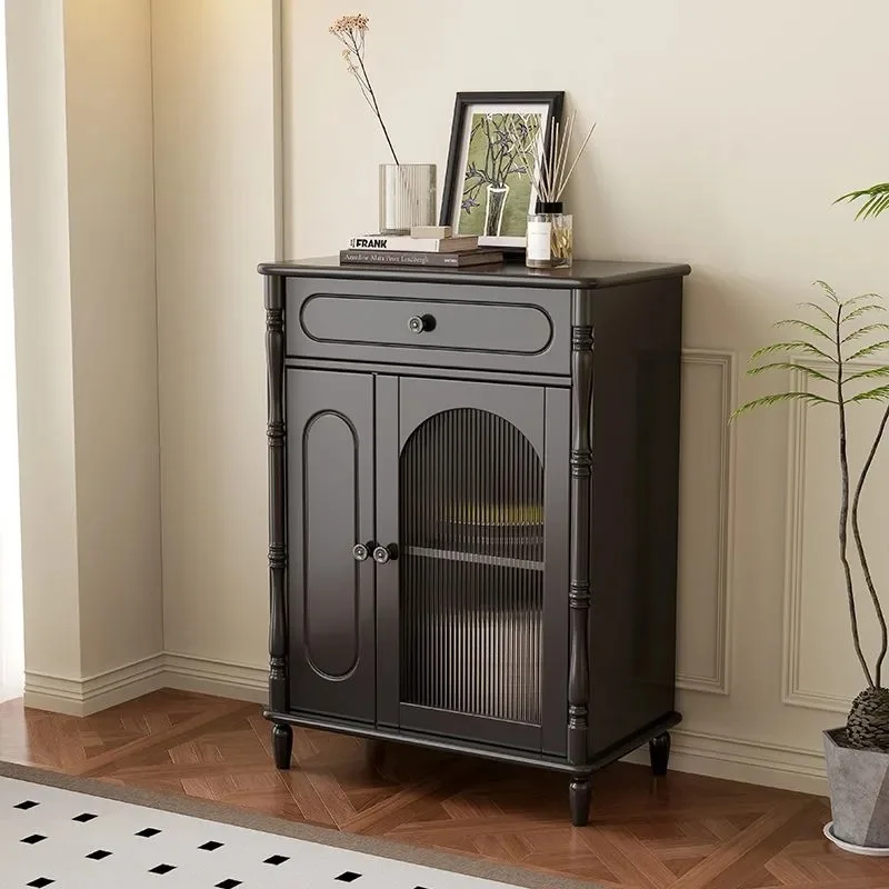 Medieval style solid wood locker, bedroom rubber wood large-capacity storage cabinet integrated against the wall, kitchen side c