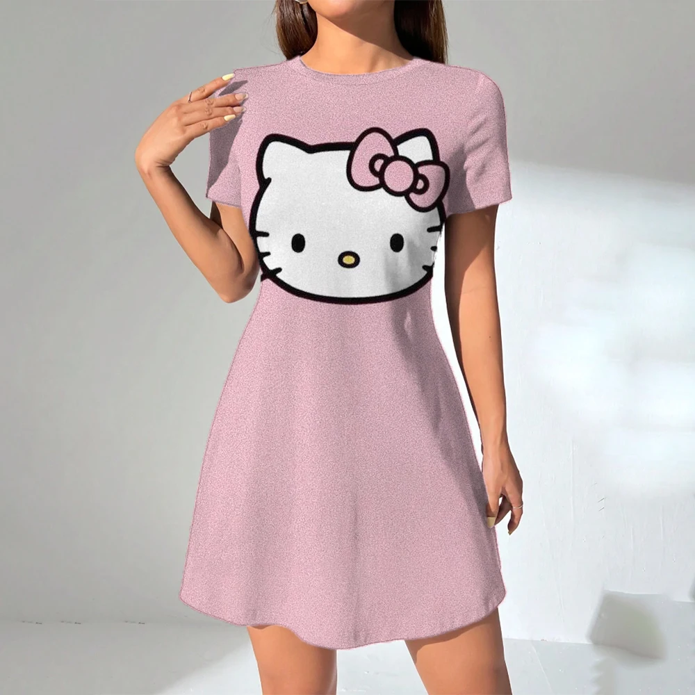 여성 긴 티셔츠 드레스 여름 패션 소녀 헬로 키티 프린트 오버 사이즈 캐주얼 라운드 넥 반팔 미니 티셔츠 드레스 ﻿