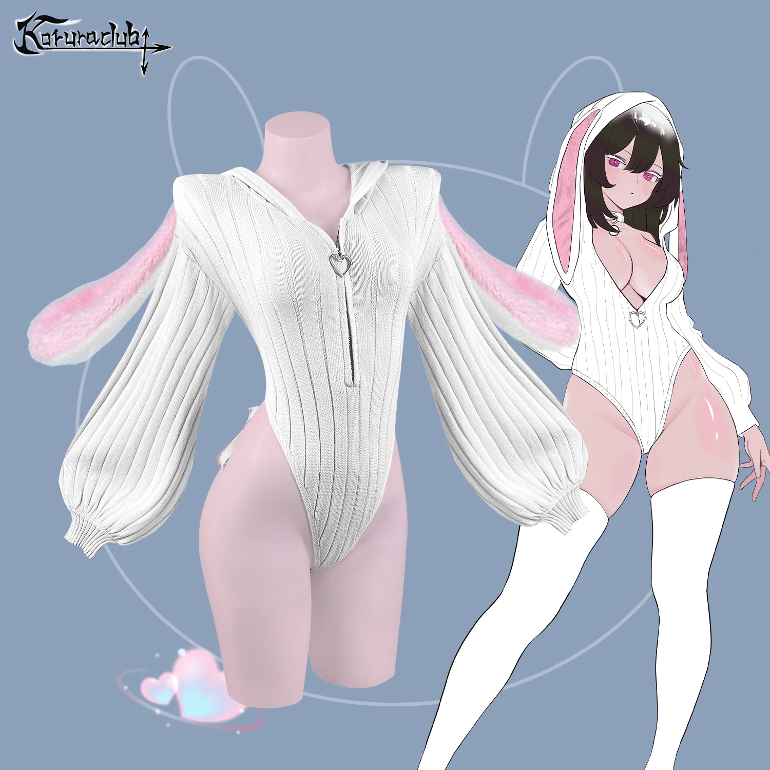 KORURACLUB Gray knitted long-sleeved Jumpsuit sweater pink Bunny girl Cute Plush rabbit tail