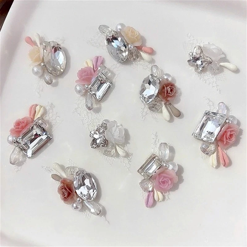 

Delicate Lace Camellia Flower Pile Crystal Geometric Rhinestone Pearl Bowknot Rose Charm Nail Art Decorations Accessories Tools
