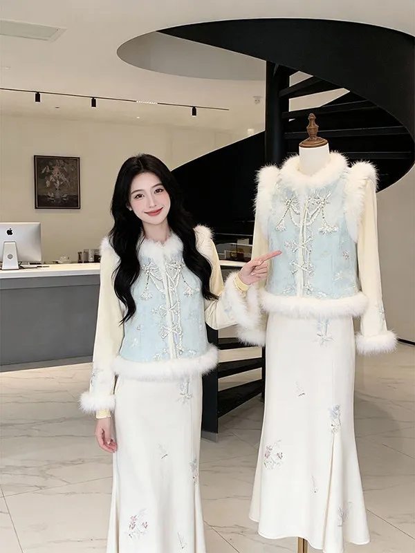 エレブルー刺繍セット中国国家風長袖トップスボトムツーピース冬服女性服