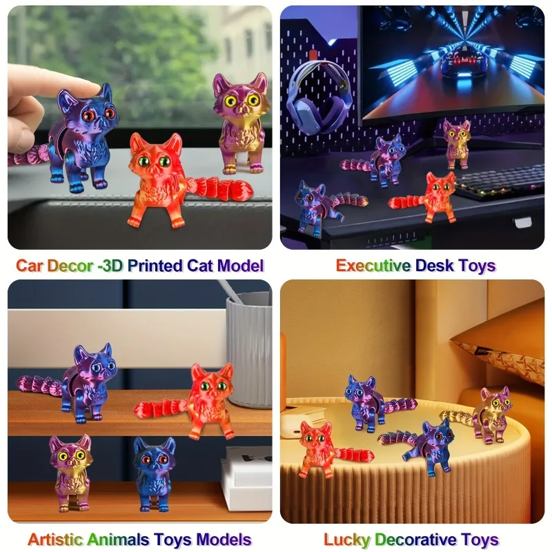Modello di gatto carino stampato in 3D Giocattoli Ornamento di gatto Figurina realistica senza peli con giunto mobile Regali divertenti per bambini Decorazione da tavolo