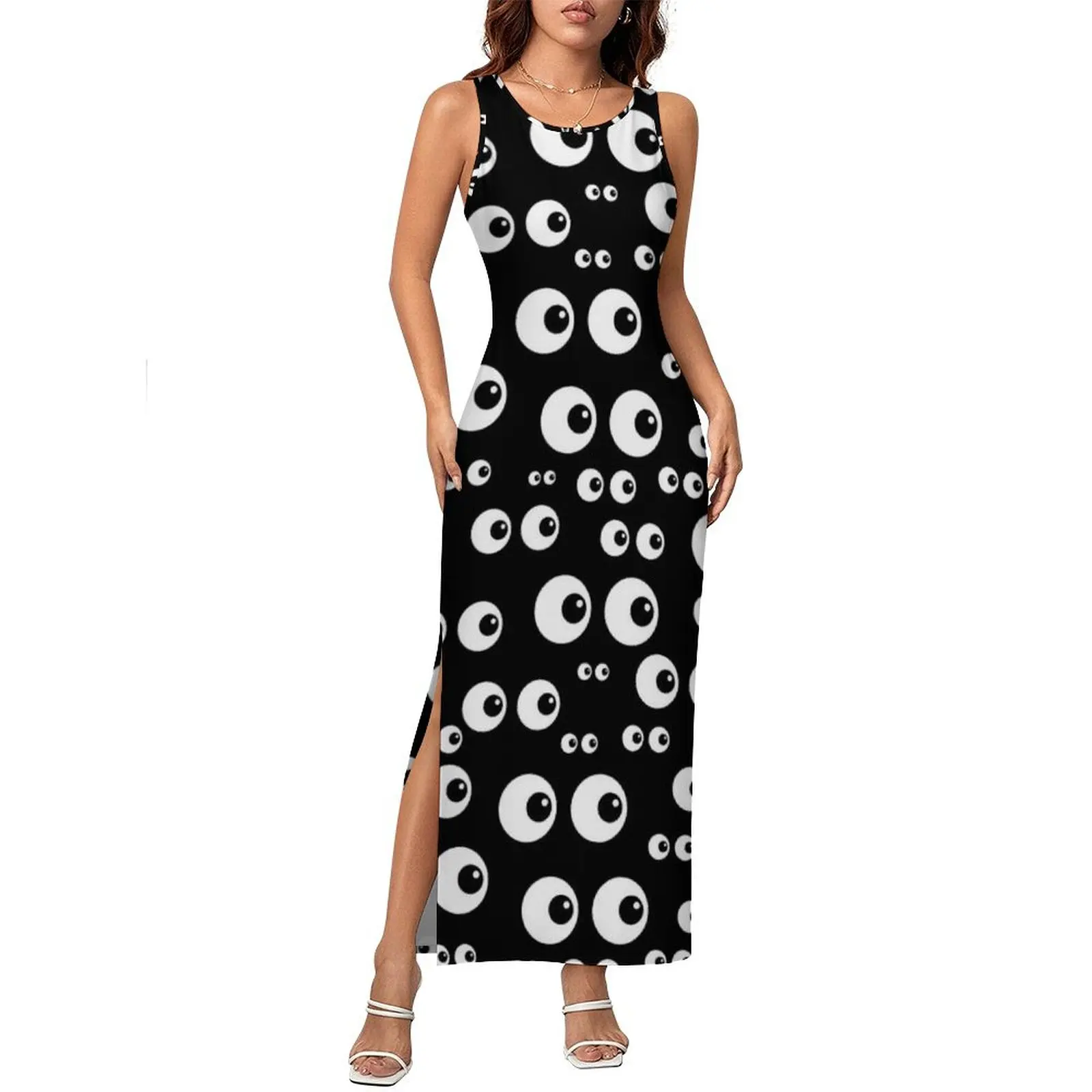 Womens Bodycon Dress Elegant Cartoon Eyes Maxi Dresses Summer Fun Black and White Eyeballs Design Pattern Dress Big Size 3XL 4XL