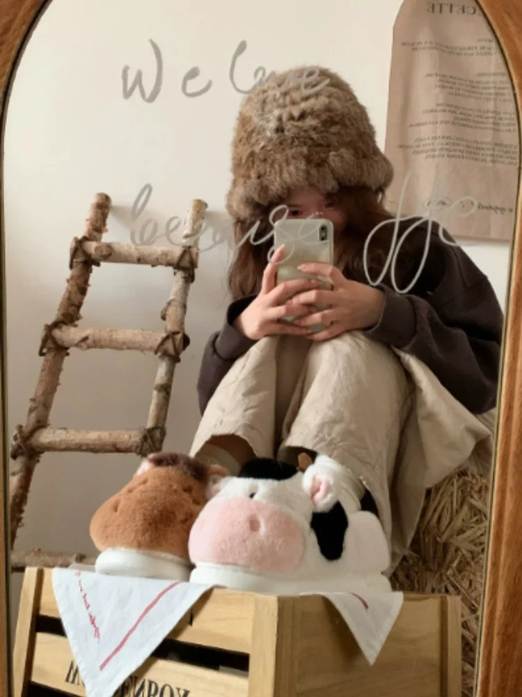 2026 New Year of Horse Couple Furry Slippers Men Women Warm Closed Back Indoor Cotton Winter Home Shoes