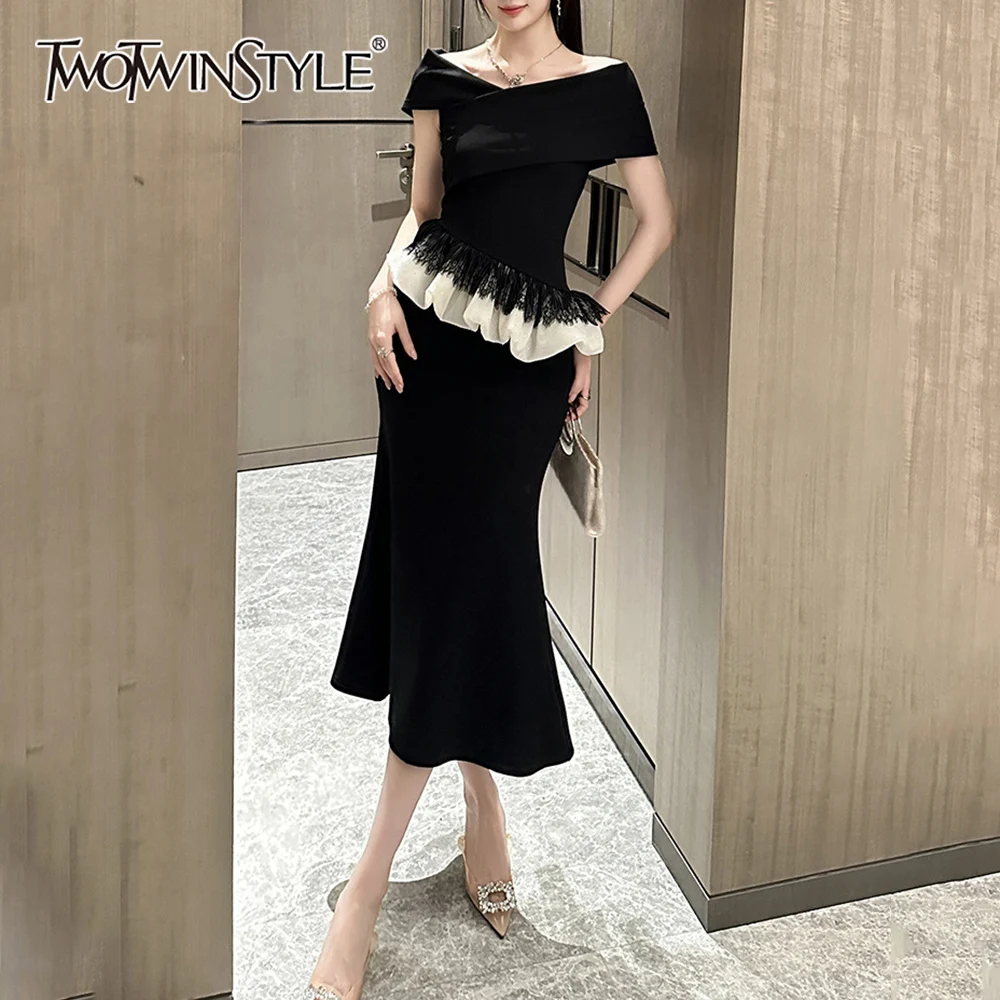 

TWOTWINSTYLE Black Spliced Ruffles Sweet Dress Female Slash Neck Sleeveless Women's Dresses Summer Style New Fashion Clothing