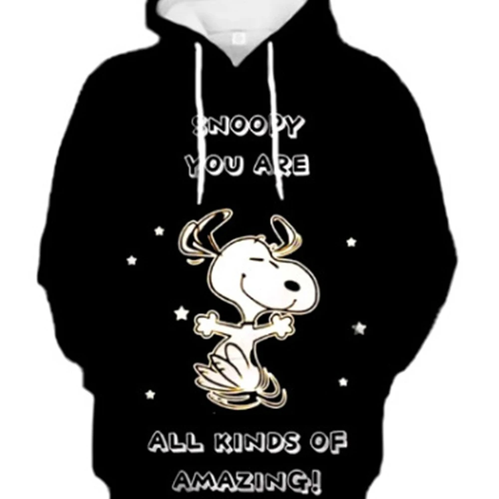 Christmas Themed Snoopy Hooded Sweatshirt with Cute Print Black Hooded Sports Loose Drawstring Pullover Youth Trendy Streetwear