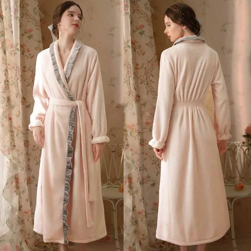 

Long Sleeved Plush Thick Robe Winter Flannel Nightgown Loose Ear Edge Nightdress Female Sexy Coral Fleece Bathrobe Homewear