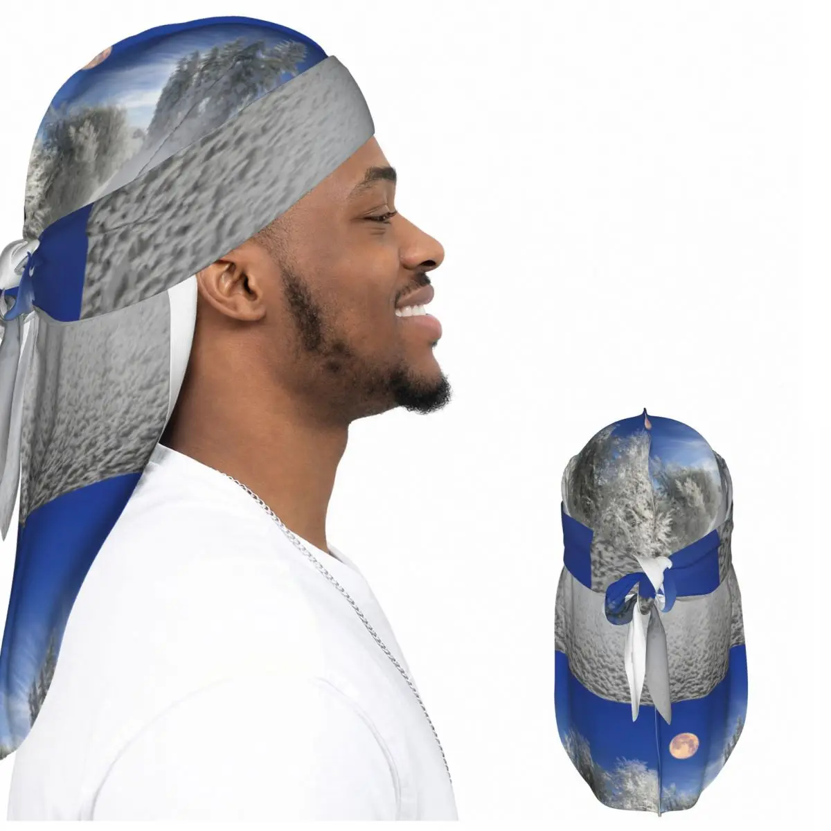 Men Satin Durag Long Tail Doo Rag Snow Trees Moon Sky Hip Hop Headwrap Hair Scarf