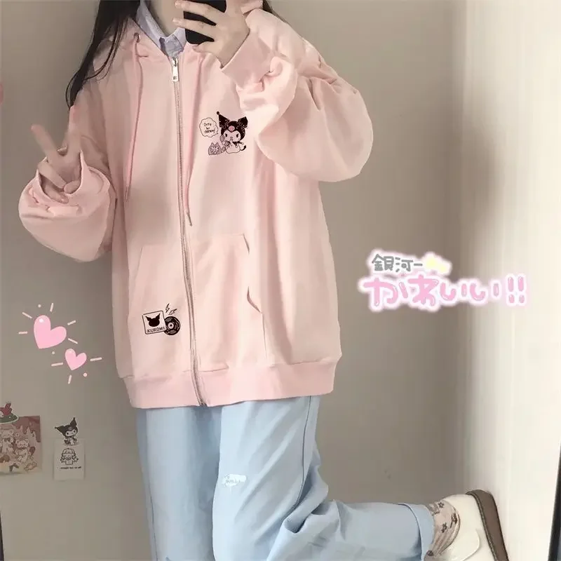 Japanese Sanrio Kuromi Cute Cartoon Embroidered Hooded Cardigan Female Spring Autumn Loose Pink Vintage Cardigan Zip Up Hoodie