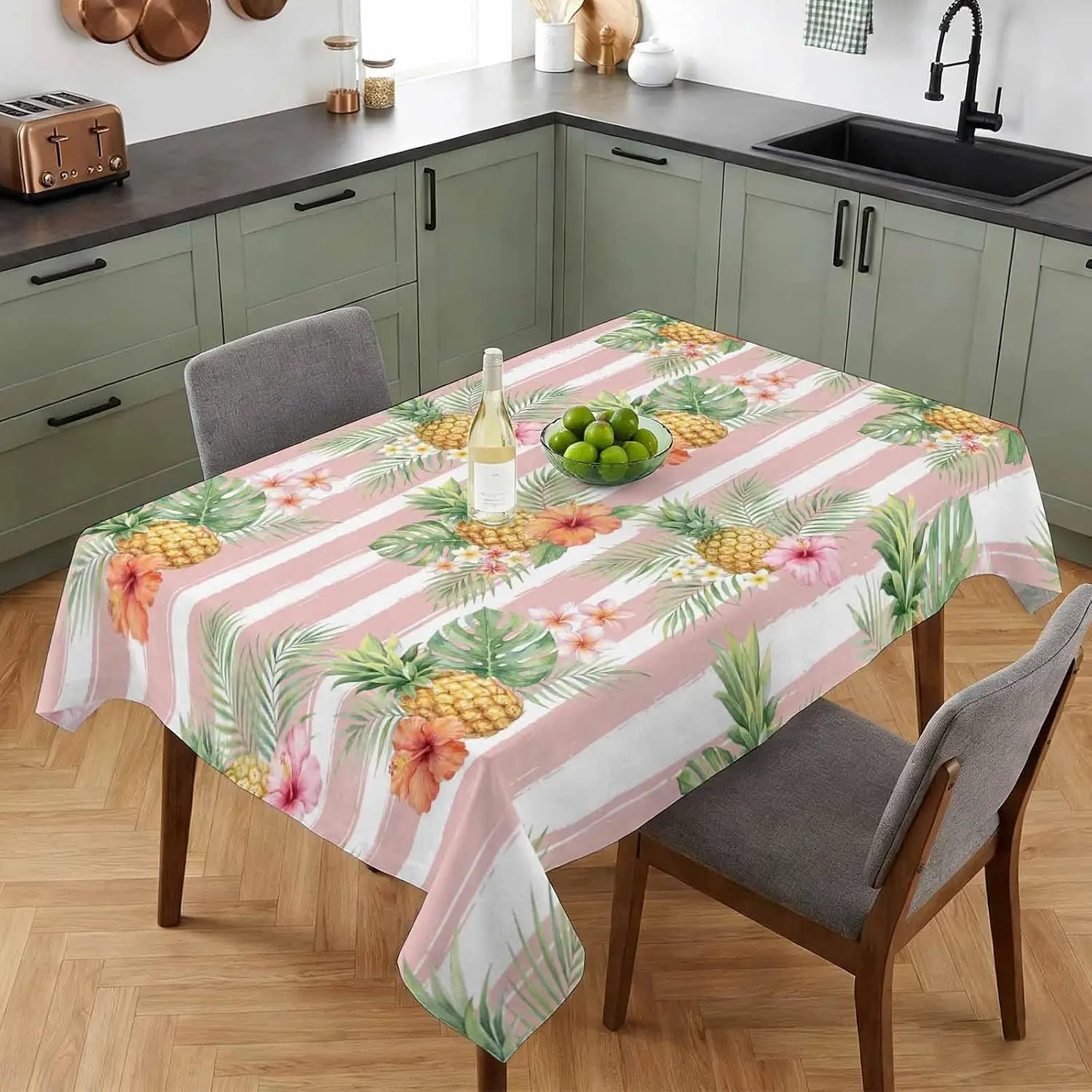 Summer Fruit Pineapple Print Tablecloth for Table Decor Tropical Palm Leaves Pink White Striped Table Cloth Holiday Party Decor