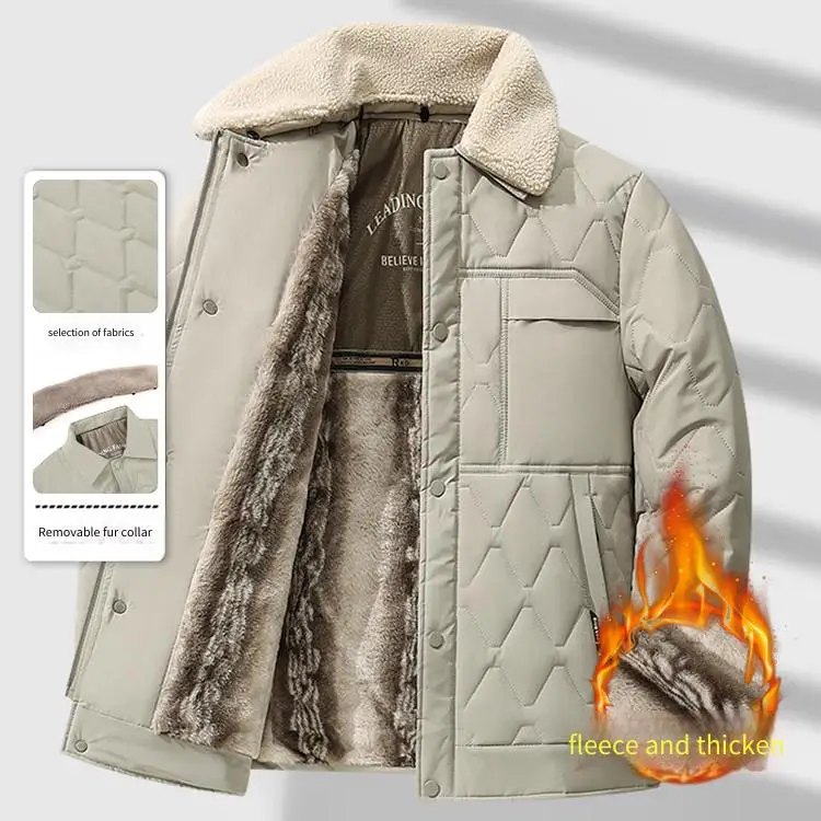 

Winter Men Cotton Jacket Detachable Fur Collar Thick Velvet Lining Middle Aged Warm Coat Outdoor Windproof Parka