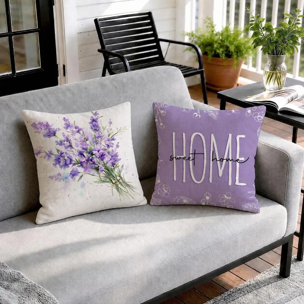 Purple Sweet Home Script Cushion Cover Natural Linen Organic Fabric Double-Sided Printing Sofa Home Decor Gift Pillow Cover