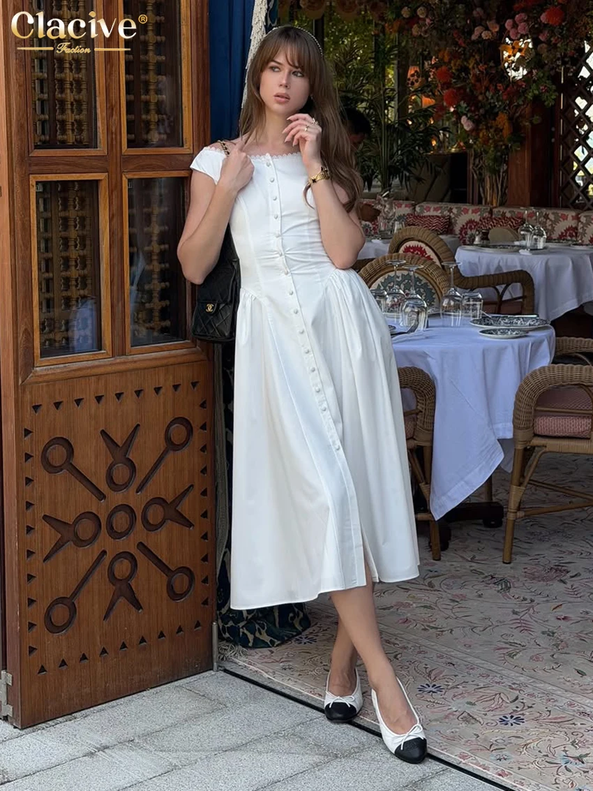 

Clacive Summer Loose White Cotton Women's Dress 2026 Fashion O-Neck Sleeveless Midi Dresses Elegant Classic Solid Female Dress