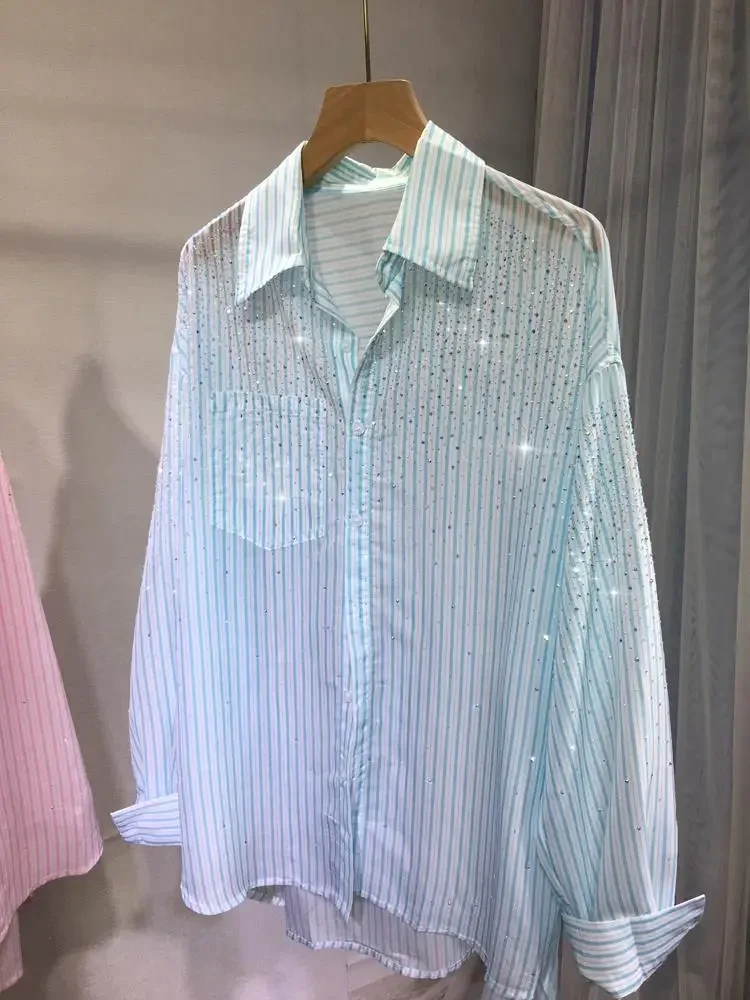 Hot Drilling Diamonds Chiffon Shirts Loose Slim Medium Length Striped Sunscreen Rhinestones Blouses Sun Protection Cardigan Tops