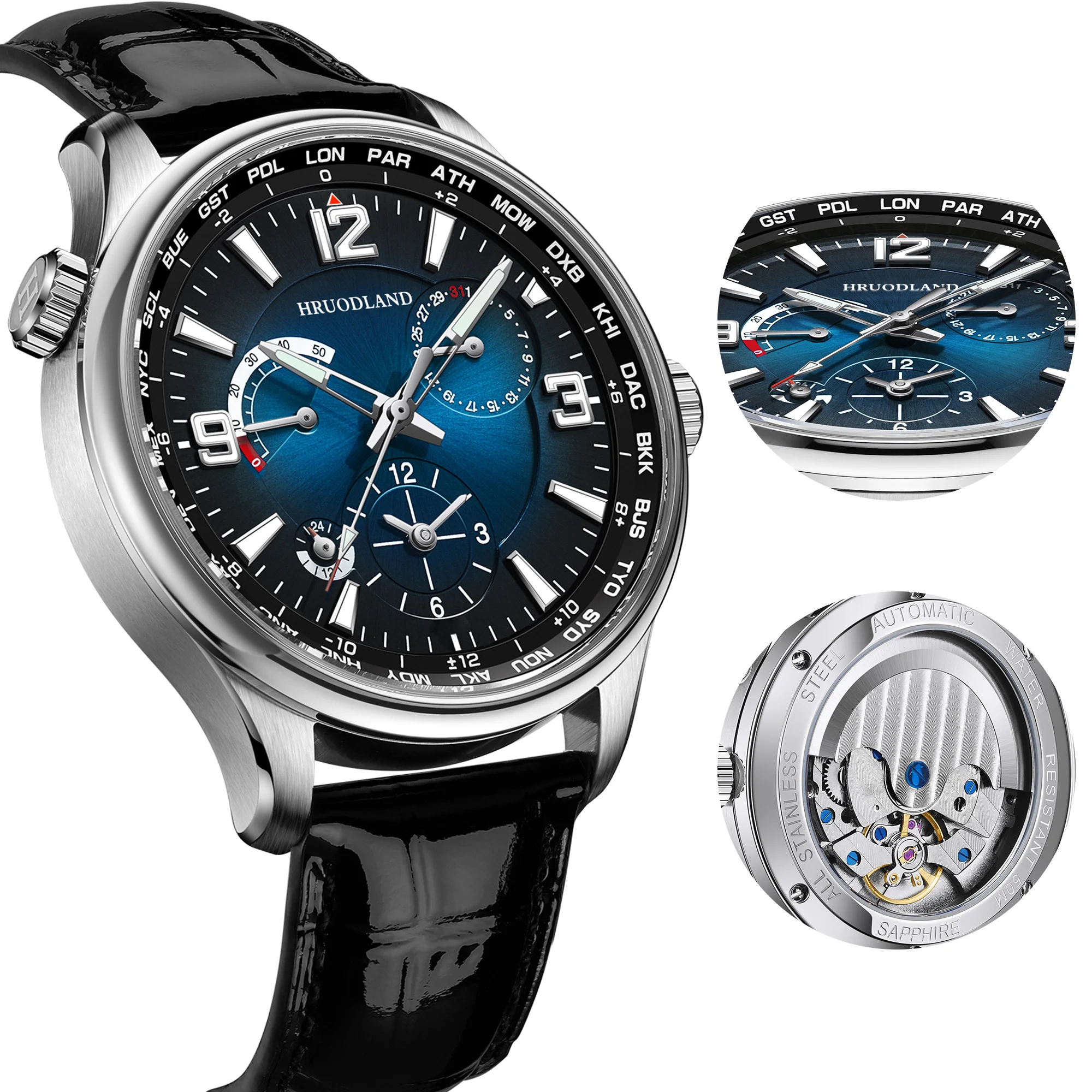 HRUODLAND GMT Watch Automatic Watch for Men World Time Mechanical with Power Reserve 43mm Sapphire Crystal Multifunction Travel