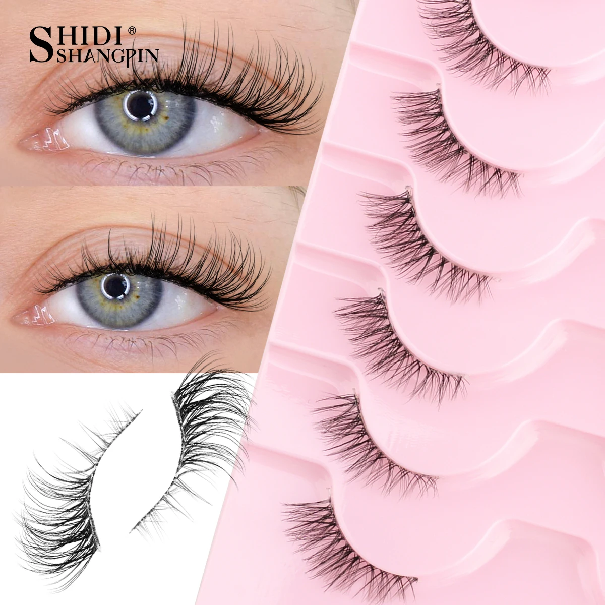 Ciglia Finte a Metà Lunghezza 5/10 Paia, Aspetto Naturale, Effetto Occhio di Gatto, Estensione Ciglia con Banda Trasparente