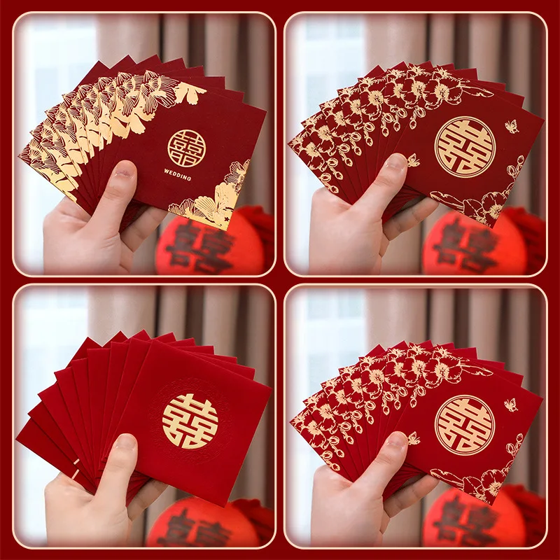 10Pcs/pack 2025 Wedding Ang bao Red Packet Double Happiness Red Envelopes Lucky bag Fortune Ang pow for Wedding decor