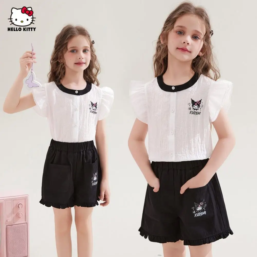 

Kawaii Sanrio Kuromi Girls Short Sleeve Shorts Set Summer T-Shirt Pants Suit Cartoon Sports Vest Tops Children's Clothing