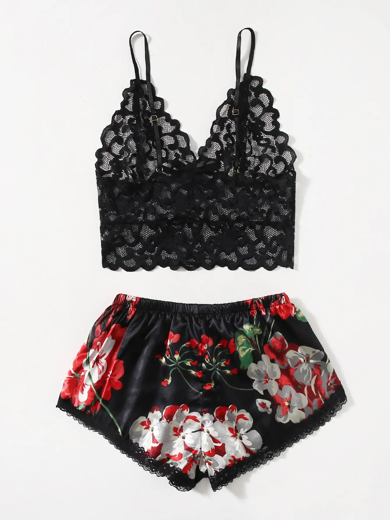 Floral Lace Pajama Set for Women, Black Bralette and Satin Shorts Sleepwear for Date Night