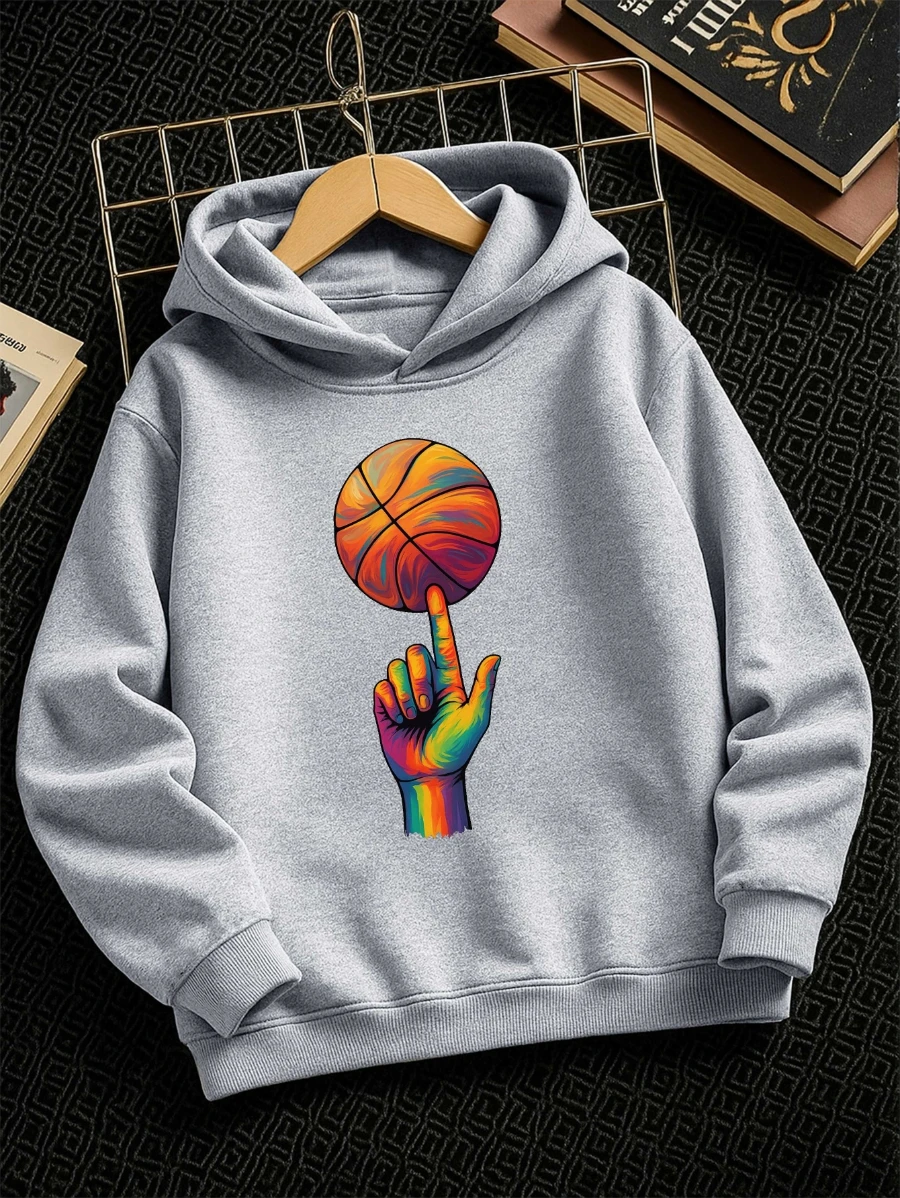 Kids Boys Basketball Graphic Hoodie Grey Printed Sports Sweatshirt School Clothes Birthday Present Autumn Winter Tops