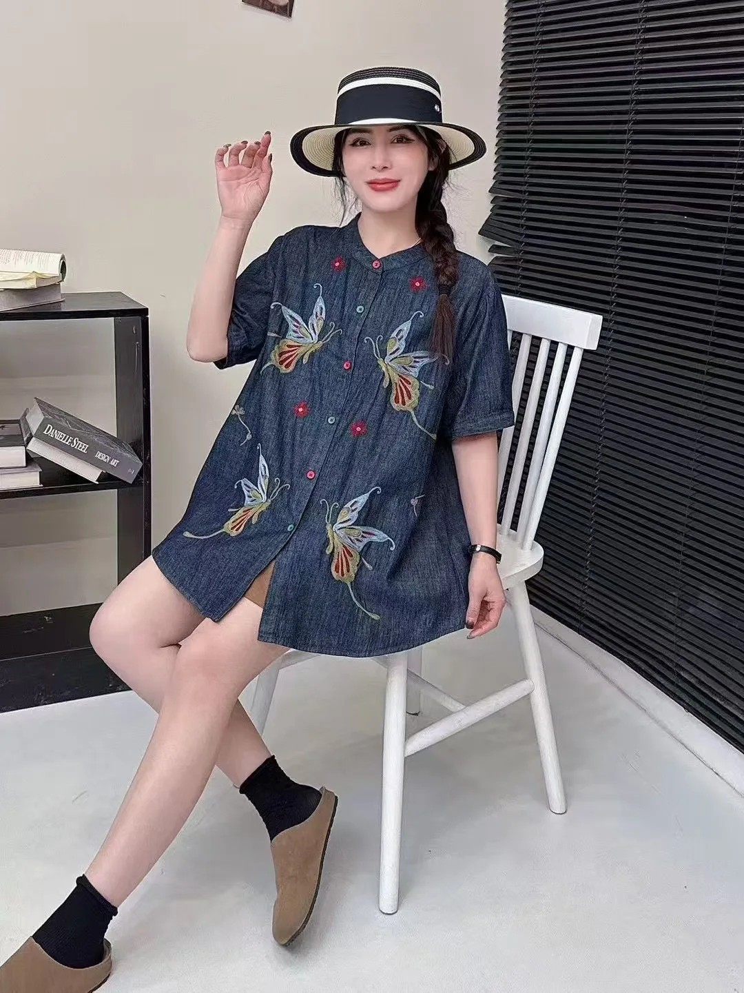 Vrouwen Vintage Mori Meisje Vlinder Borduren Denim Shirts Zomer Japan Stijl Stand Kraag Korte Mouw Casual Losse Jeans Blouse