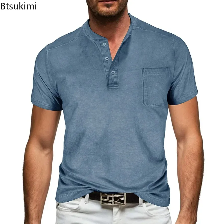 New Men's Purified Cotton T-shirts Summer Henley Neck Pocket Casual Beach Short Sleeve Solid Color Male Tops Vintage Streetwear