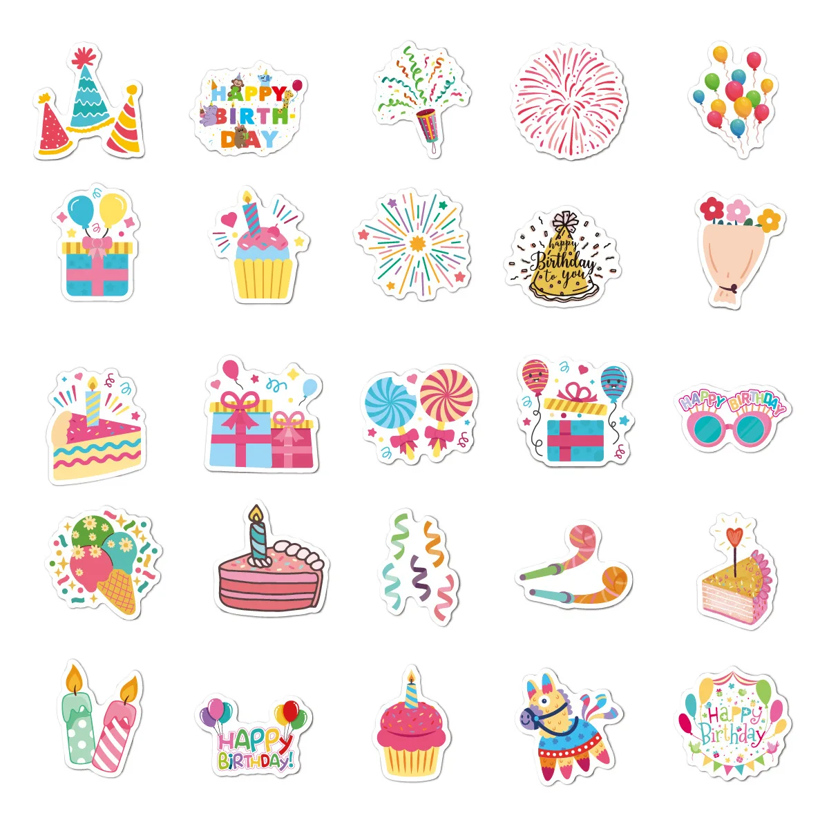 50pcs/pack Happy Birthday Stickers for Water Bottle Decor Cake Birthday Vinyl Stickers for Party Gifts Bags Box Envelope Kids