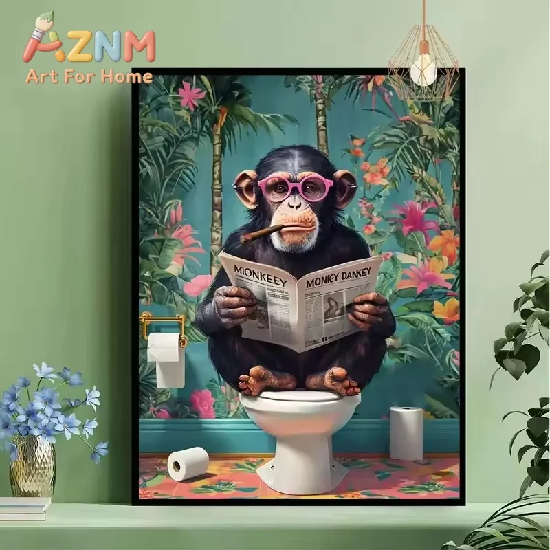 1pc Modern Funny Monkey Reading Newspaper OnToilet Canvas Poster, Unframed Abstract Black Cat Animal Prints for Bathroom Decor