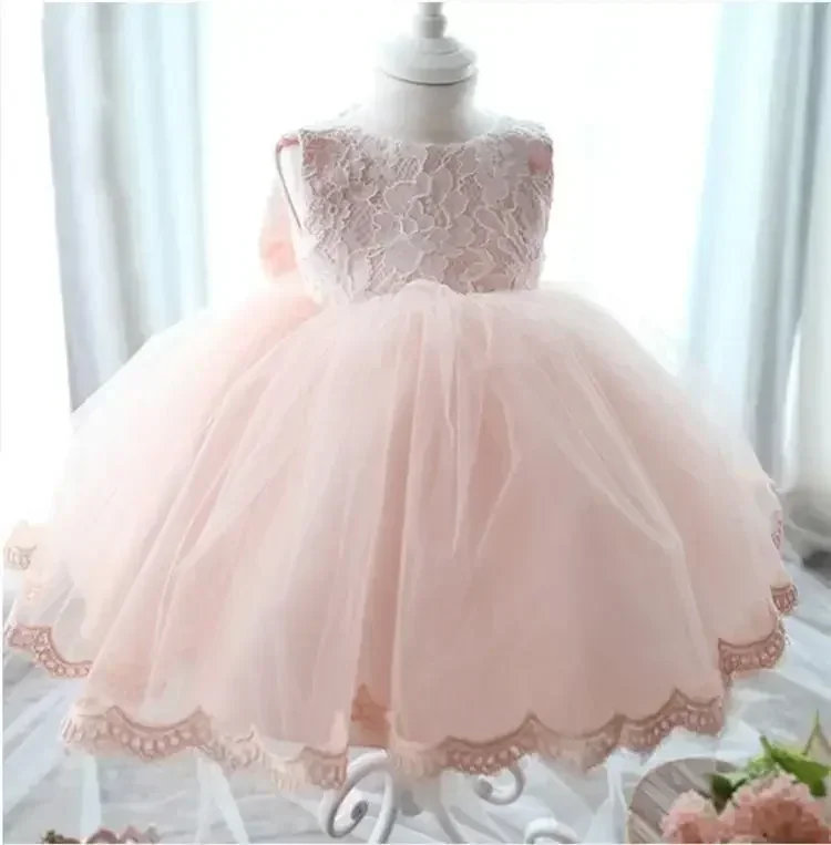 Baby Girls Birthday Dress for 1Y Newborn Baptism Pink Clothes Toddler Bow Princess Dress Kid Elegant Christening Party Tutu Gown