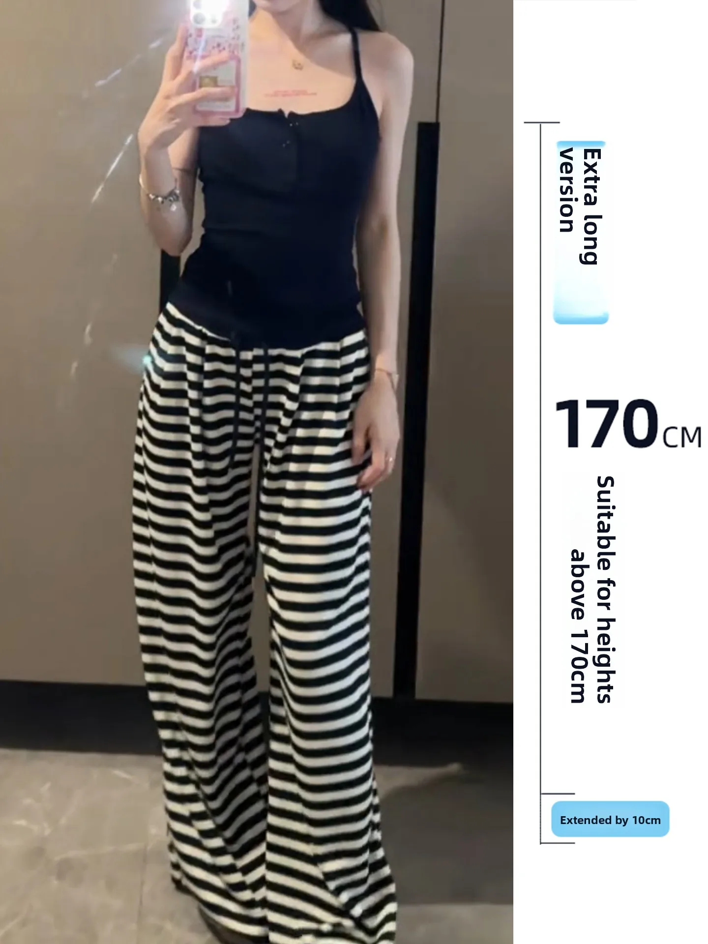 

Tall Women's Loose Fit Casual Pants High Waist Wide Leg Straight Cut Floor Length Striped Leisure Trousers Spring Autumn