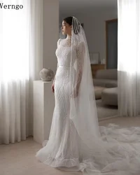 Verngo Elegant Lace Wedding Dress High Neck Full Sleeves Mermaid Bridal Gowns Sweap Train Modest Arabic Bride Dress Customized