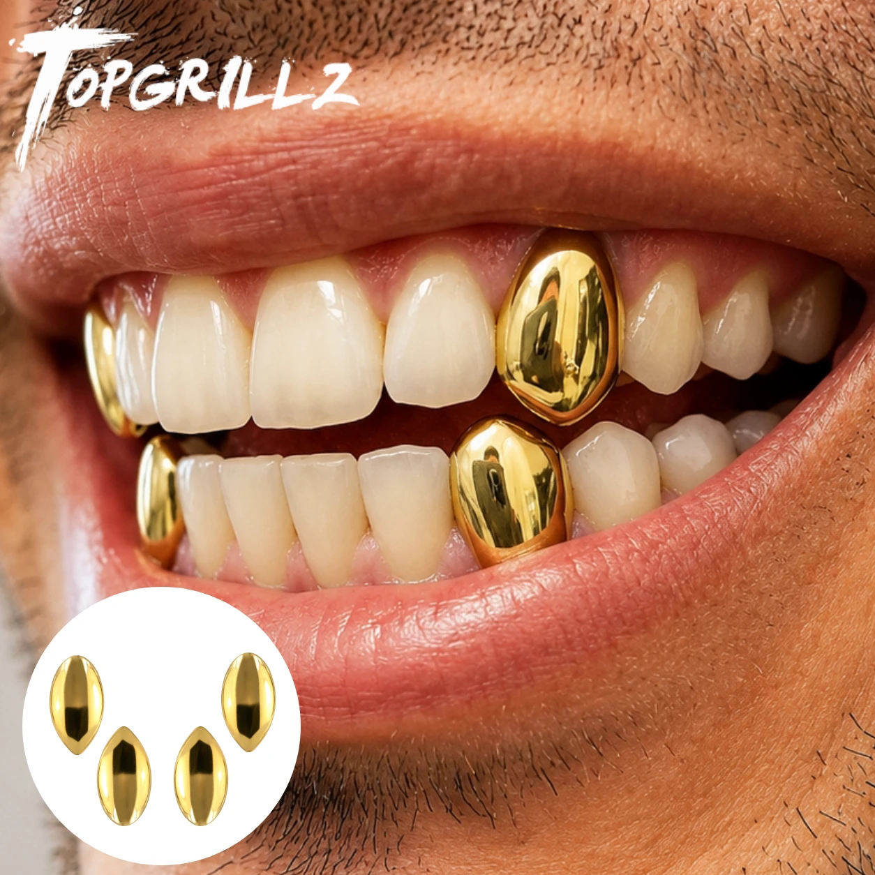 TOPGRILLZ 4-teiliges Streetwear-Schmuckset, vergoldetes Kupfer, Vampir-Zahn-Grillz-Set, Party-Goldgeschenk für Männer und Frauen