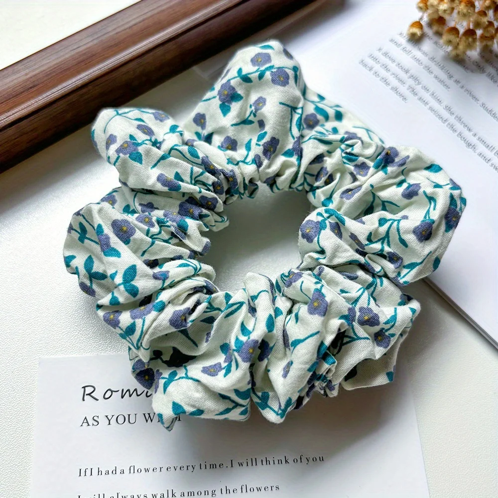 

Floral Print Hair Scrunchy Elastic Ponytail Holder Blue Purple Flowers for Women Girls Boho Bun Maker Hair Accessories