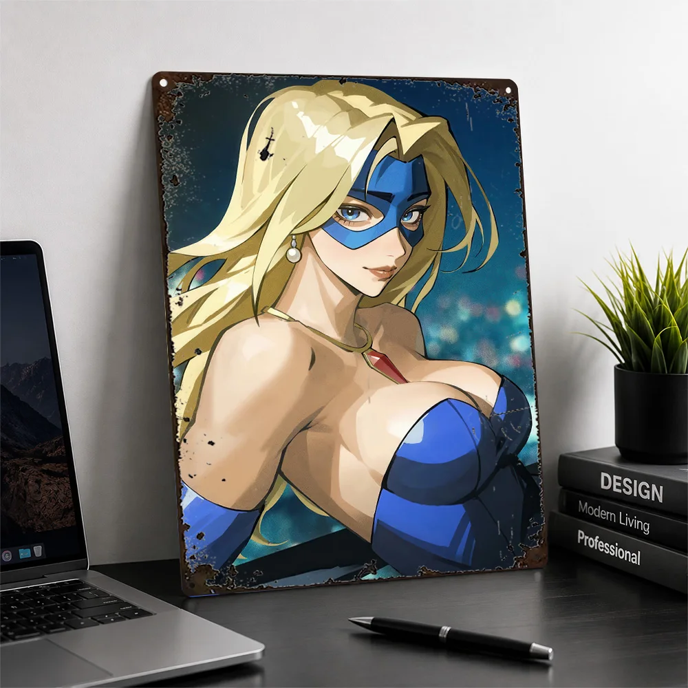Blonde Superheroine In Blue Mask Aluminum Poster Comic Book Wall Art For Entertainment Room Personalized Metal Sign Gamer Gift