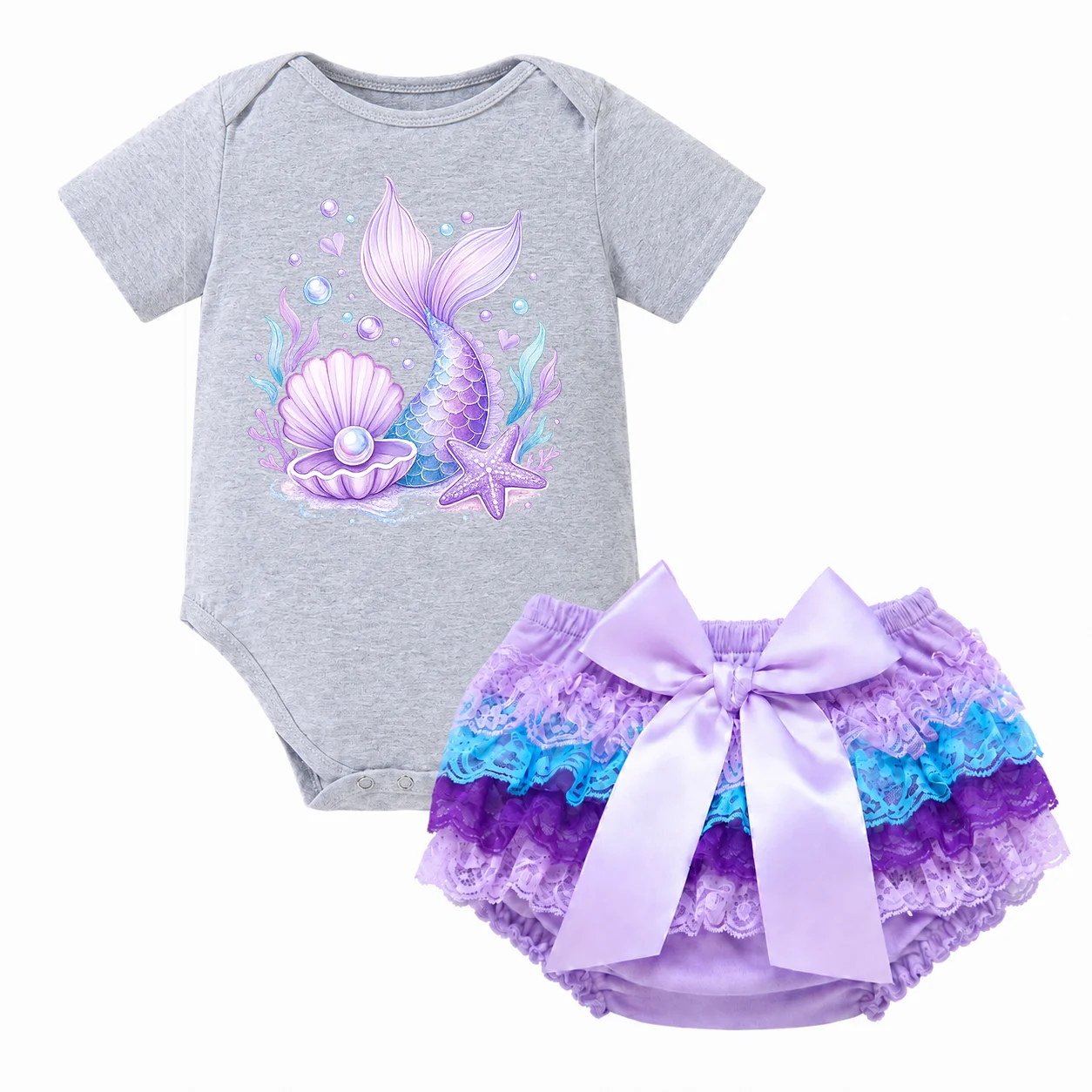 Baby Girl Mermaid Outfit 2Pcs Short Sleeve Cotton Romper Lace Tutu Skirt Set Under The Sea Newborn Birthday Party Costume Infant
