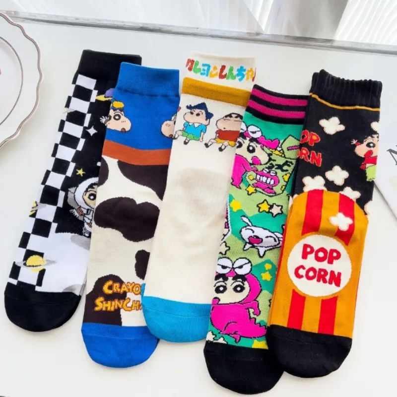 

5pcs/set Adult Crayon Shinchans Socks Fall Winter Combed Cotton Socks Men Women's Warm Long Socks Gifts Average Size 18-40 Years