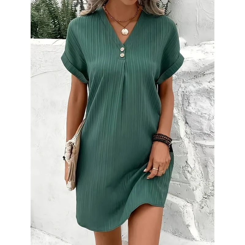 

Plus Size 1XL-5XL Women's Loose T-Shirt Dress Ladies V Neck Short Sleeve Beach Baggy Solid Dress